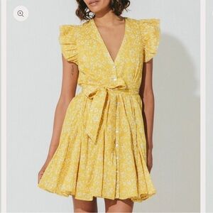 Cleobella Zia Mini Dress Cassia Ruffle Shoulder Yellow White Evereve Sz s